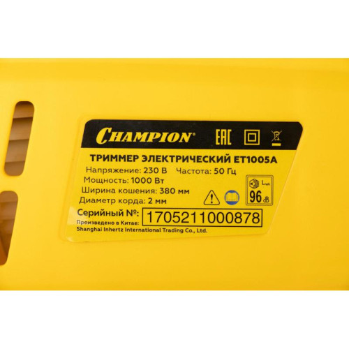 Триммер электрический Champion ET1005A 1000Вт разбор.штан. реж.эл.:леска Триммер электрический Champion ET1005A 1000Вт разбор.штан. реж.эл.:леска