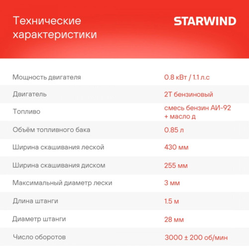 Триммер бензиновый Starwind GT-33 800Вт 1.1л.с. неразбор.штан. реж.эл.:леска/нож (упак.:2 к (уценка)