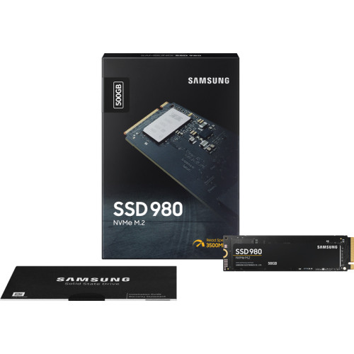 Твердотельные накопители Samsung SSD 980, 500GB, M.2(22x80mm), NVMe 1.4, PCIe 3.0 x4, 3-bit MLC, R/W 3100/2600MB/s, IOPs 400 000/470 000, TBW 300, DWPD 0.33 (12 мес.)
