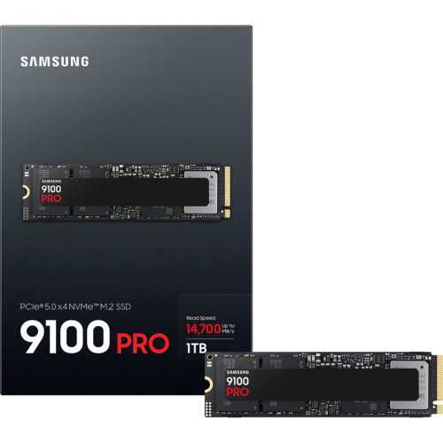 Твердотельный накопитель Samsung SSD 9100 PRO, 1000GB, M.2(22x80mm), NVMe 2.0, PCIe 5.0 x4, V-NAND TLC, R/W 14700/13300MB/s, IOPs 1 850 000/2 600 000, TBW 600, DWPD 0.3 (12 мес.)