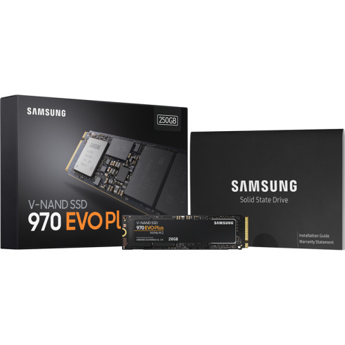 Твердотельные накопители/ Samsung SSD 970 EVO Plus, 250GB, M.2(22x80mm), NVMe 1.3, PCIe 3.0 x4, 3-bit MLC, R/W 3500/2300MB/s, IOPs 250 000/550 000, DRAM buffer 512MB, TBW 150, DWPD 0.33 (12 мес.)