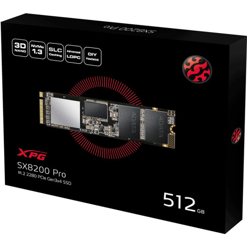 Твердотельный накопитель ADATA SSD SX8200Pro, 512GB, M.2(22x80mm), NVMe 1.3, PCIe 3.0 x4, 3D TLC, R/W 3500/2300MB/s, IOPs 390 000/380 000, DRAM buffer 512MB, TBW 320, DWPD 0.34 (5 лет)