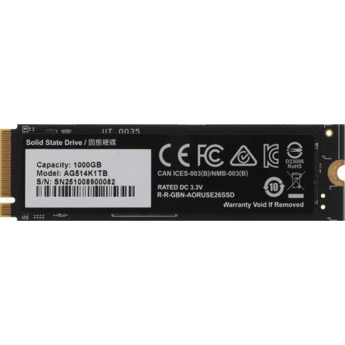 Твердотельный накопитель SSD Gigabyte 1TB M.2 2280 AORUS Gen5 14000 AG514K1TB PCI-Express 5.0x4, NVMe 2.0, 3D TLC NAND, Phison PS5026-E26, TBW 700