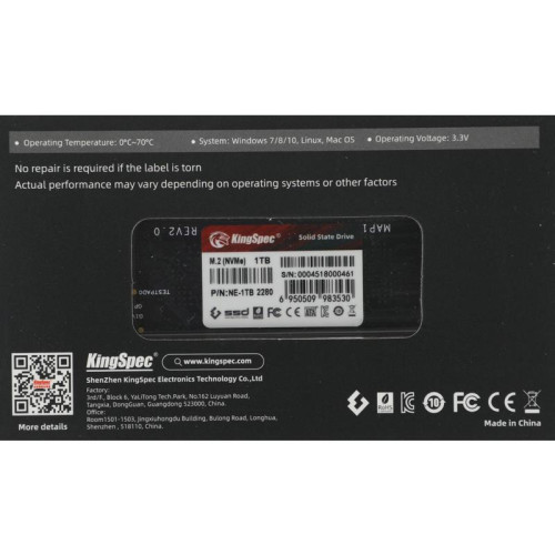 Твердотельный накопитель Kingspec PCIe 3.0 x4 1TB NE-1TB M.2 2280 [NE-1TB]