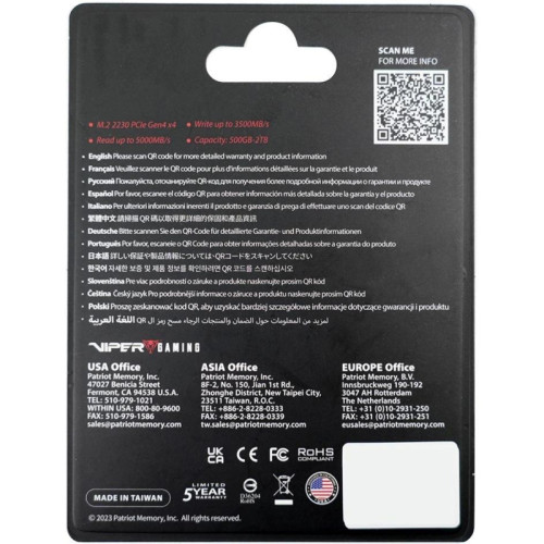 Накопитель SSD Patriot PCIe 4.0 x4 1TB VP4000M1TBM23 VP4000 Mini M.2 2230 Накопитель SSD Patriot PCIe 4.0 x4 1TB VP4000M1TBM23 VP4000 Mini M.2 2230