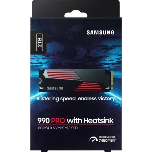 Твердотельный накопитель Samsung SSD 990 PRO, 2000GB, M.2(22x80mm), NVMe 2.0, PCIe 4.0 x4, V-NAND TLC, R/W 7450/6900MB/s, IOPs 1 400 000/1 550 000, DRAM buffer 2048MB, TBW 1200, DWPD 0.33, with Heatsink (12 мес.)
