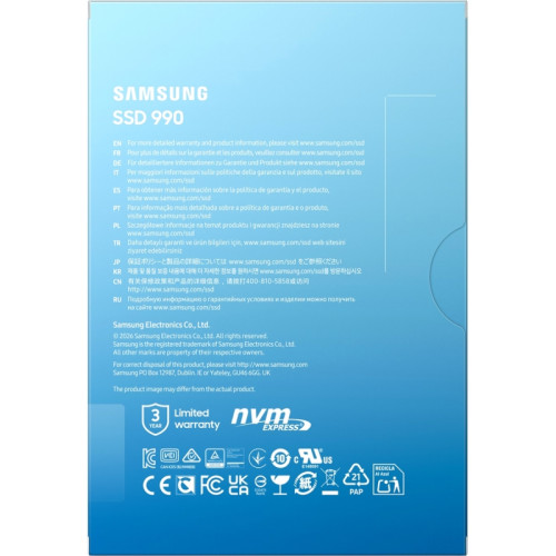 Твердотельные накопители/ Samsung SSD 990, 2000GB, M.2(22x80mm), NVMe 2.0, PCIe 4.0 x4, V-NAND TLC, R/W 7250/6450MB/s, IOPs 850 000/1 200 000, TBW 800, DWPD 0.33 (12 мес.)