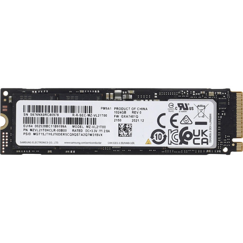 Твердотельный накопитель/ Samsung SSD PM9A1, 1024GB, M.2(22x80mm), NVMe, PCIe 4.0 x4, R/W 7000/5100MB/s, IOPs 1 000 000/850 000, DRAM buffer 1024MB (12 мес.)