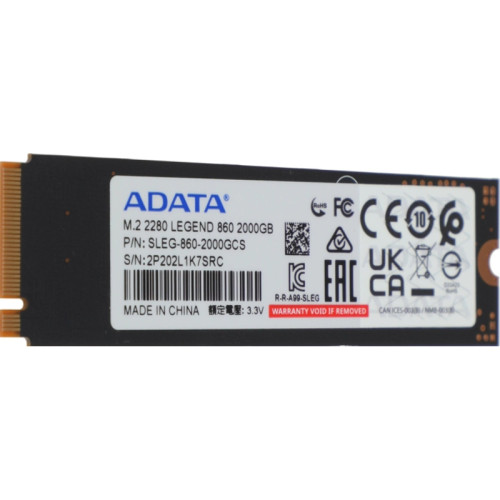 Твердотельный накопитель/ ADATA SSD LEGEND 860, 2000GB, M.2(22x80mm), NVMe 1.4, PCIe Gen 4x4, 3D NAND, R/W 6000/5000MB/s, IOPs н.д./н.д., TBW 640, DWPD 0.2 (5 лет)
