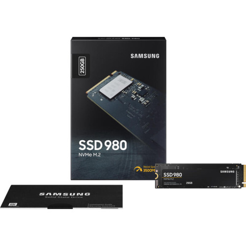 Твердотельные накопители Samsung SSD 980, 250GB, M.2(22x80mm), NVMe 1.4, PCIe 3.0 x4, 3-bit MLC, R/W 2900/1300MB/s, IOPs 230 000/320 000, TBW 150, DWPD 0.33 (12 мес.)