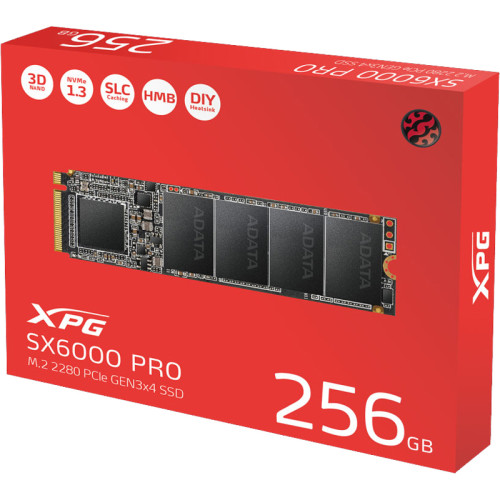 Твердотельный накопитель/ ADATA SSD SX6000Pro, 256GB, M.2(22x80mm), NVMe 1.3, PCIe 3.0 x4, 3D TLC, R/W 2100/1200MB/s, IOPs 190 000/180 000, TBW 150, DWPD 0.32 (5 лет) Bulk