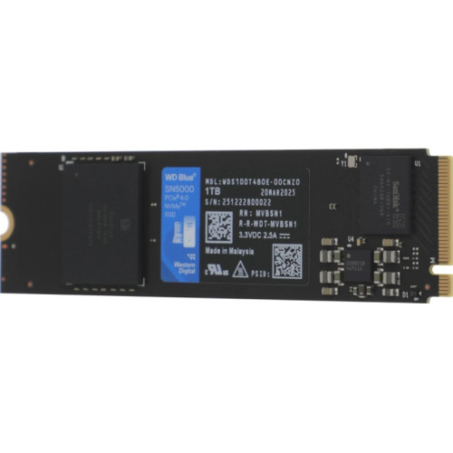 Твердотельные накопители/ WD SSD Blue SN5000, 1000GB, M.2(22x80mm), NVMe, PCIe 4.0 x4, TLC, R/W 5150/4900MB/s, TBW 600, DWPD 0.3 (12 мес.)