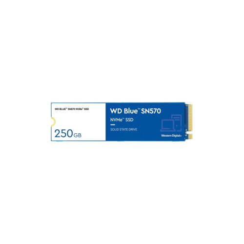 Твердотельный накопитель WD SSD Blue SN570 NVMe, 250GB, M.2(22x80mm), NVMe, PCIe 3.0 x4, 3D TLC, R/W 3300/1200MB/s, IOPs 190 000/210 000, TBW 150, DWPD 0.3 (12 мес.)