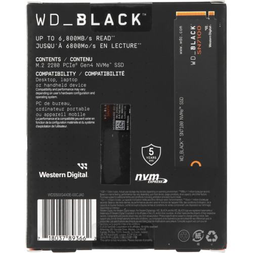 Твердотельный накопитель/ WD SSD Black SN7100, 500GB, M.2(22x80mm), NVMe, PCIe 4.0 x4, TLC, R/W 6800/5800MB/s, TBW 300, DWPD 0.3 (12 мес.)