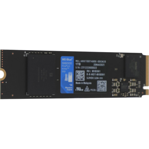 Твердотельные накопители/ WD SSD Blue SN5000, 1000GB, M.2(22x80mm), NVMe, PCIe 4.0 x4, TLC, R/W 5150/4900MB/s, TBW 600, DWPD 0.3 (12 мес.)