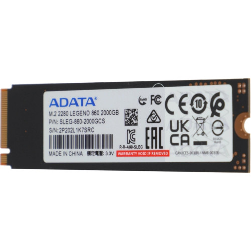 Твердотельный накопитель/ ADATA SSD LEGEND 860, 2000GB, M.2(22x80mm), NVMe 1.4, PCIe Gen 4x4, 3D NAND, R/W 6000/5000MB/s, IOPs н.д./н.д., TBW 640, DWPD 0.2 (5 лет)