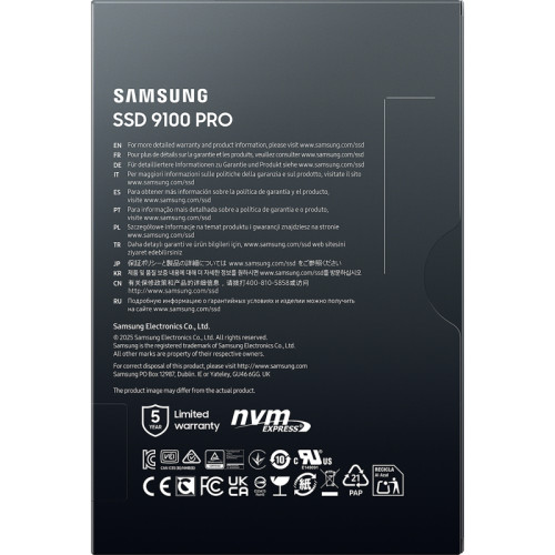 Твердотельный накопитель Samsung SSD 9100 PRO, 1000GB, M.2(22x80mm), NVMe 2.0, PCIe 5.0 x4, V-NAND TLC, R/W 14700/13300MB/s, IOPs 1 850 000/2 600 000, TBW 600, DWPD 0.3 (12 мес.)