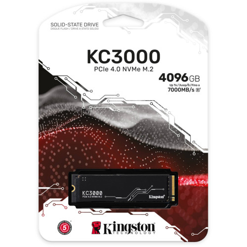 Твердотельный накопитель/ Kingston SSD KC3000, 4096GB, M.2(22x80mm), NVMe, PCIe 4.0 x4, 3D TLC, R/W 7000/7000MB/s, IOPs 1 000 000/1 000 000, DRAM buffer 4096MB, TBW 3200, DWPD 0.71, with Heat Spreader (5 лет)