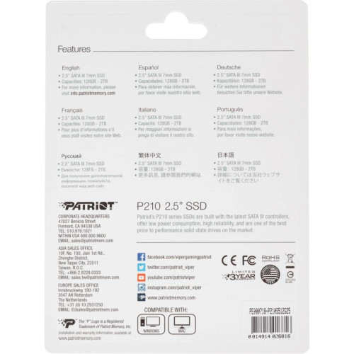 Твердотельный накопитель Patriot SATA-III 512GB P210S512G25 P210 2.5