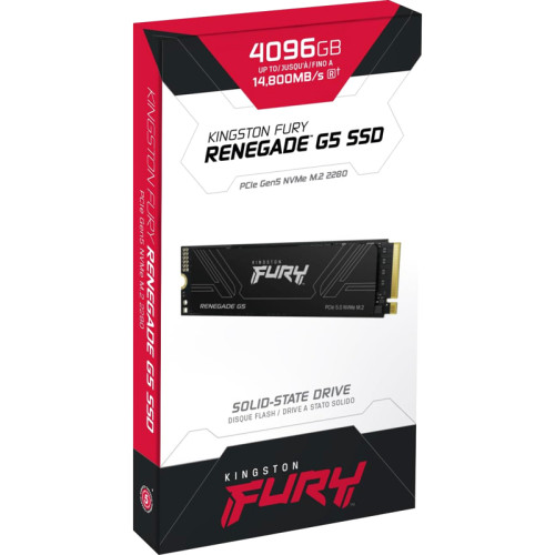 Твердотельный накопитель/ Kingston SSD Fury Renegade, 4096GB, M.2(22x80mm), NVMe, PCIe 5.0 x4, 3D TLC, R/W 14800/14000MB/s, IOPs 2 200 000/2 200 000, TBW 4000, DWPD 0.5 (60 мес)