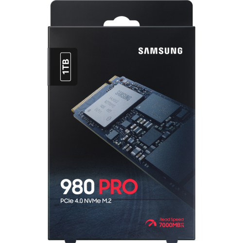 Твердотельные накопители/ Samsung SSD 980 PRO, 1000GB, M.2(22x80mm), NVMe 1.3c, PCIe 4.0 x4, 3-bit MLC, R/W 7000/5000MB/s, IOPs 1 000 000/1 000 000, DRAM buffer 1024MB, TBW 600, DWPD 0.33, with Heatsink (12 мес.)