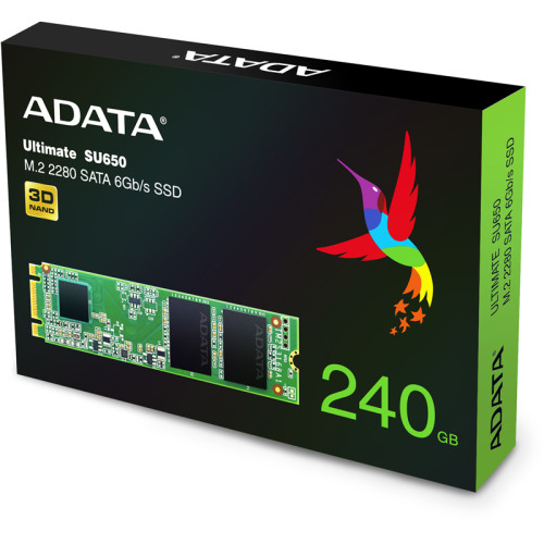 Твердотельный накопитель/ ADATA SSD Ultimate SU650, 240GB, M.2(22x80mm), SATA3, 3D TLC, R/W 550/500MB/s, IOPs 80 000/60 000, TBW 140, DWPD 0.5 (3 года)