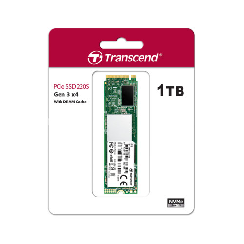 Твердотельный накопитель/ Transcend SSD MTE220S, 1024GB, M.2(22x80mm), NVMe 1.3, PCIe 3.0 x4, 3D TLC, R/W 3500/3200MB/s, IOPs 330 000/370 000, DRAM buffer 1024MB, TBW 2200, DWPD 1.2 (5 лет)