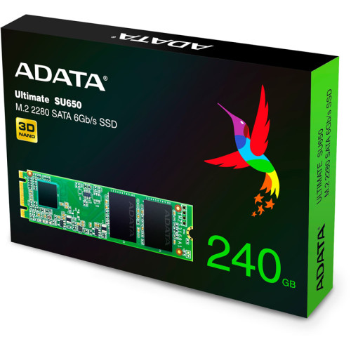 Твердотельный накопитель/ ADATA SSD Ultimate SU650, 240GB, M.2(22x80mm), SATA3, 3D TLC, R/W 550/500MB/s, IOPs 80 000/60 000, TBW 140, DWPD 0.5 (3 года) Bulk