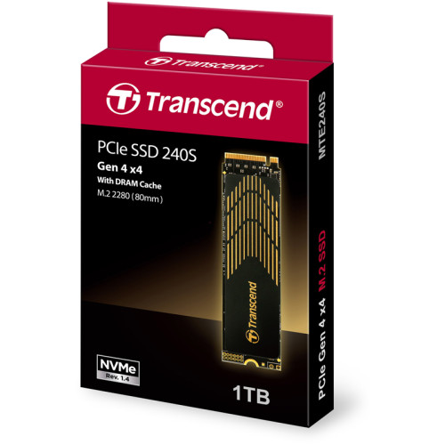 Твердотельный накопитель/ Transcend SSD MTE240S, 1000GB, M.2(22x80mm), NVMe 1.4, PCIe 4.0 x4, 3D TLC, R/W 3800/3200MB/s, IOPs 370 000/560 000, DRAM buffer 512MB, TBW 1700, DWPD 0.9 (5 лет)