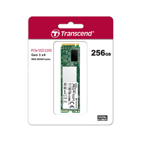 Твердотельный накопитель/ Transcend SSD MTE220S, 256GB, M.2(22x80mm), NVMe 1.3, PCIe 3.0 x4, 3D TLC, R/W 3300/1250MB/s, IOPs 190 000/300 000, DRAM buffer 256MB, TBW 550, DWPD 1.2 (5 лет)