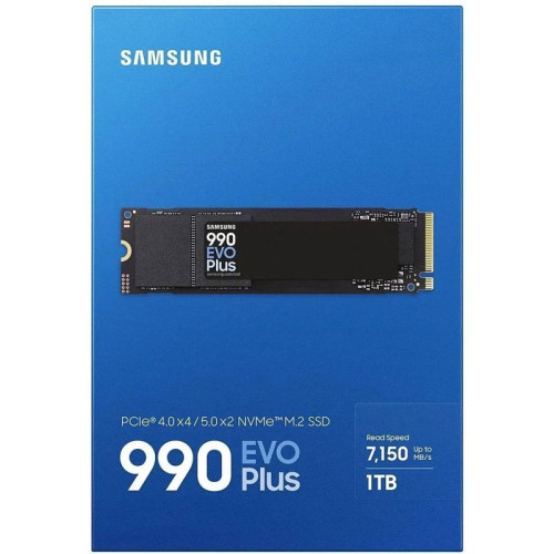 Твердотельные накопители Samsung SSD 990 EVO Plus, 1000GB, M.2(22x80mm), NVMe 2.0, NVMe 2.0, PCIe 4.0 x4, V-NAND TLC, R/W 7150/6300MB/s, IOPs 850 000/1 350 000, TBW 600, DWPD 0.3 (12 мес.)