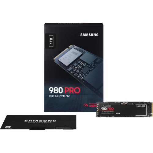 Твердотельные накопители Samsung SSD 980 PRO, 1000GB, M.2(22x80mm), NVMe 1.3c, PCIe 4.0 x4, 3-bit MLC, R/W 7000/5000MB/s, IOPs 1 000 000/1 000 000, DRAM buffer 1024MB, TBW 600, DWPD 0.33, with Heatsink (12 мес.)