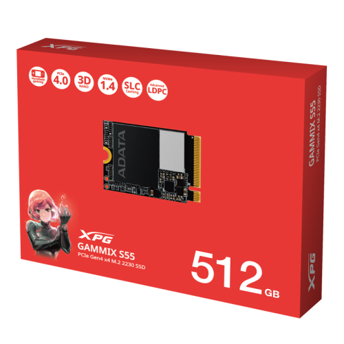 Твердотельный накопитель/ ADATA SSD GAMMIX S55, 512GB, M.2(22x30mm), NVMe, PCIe 4.0 x4, 3D NAND, R/W 5000/3000MB/s, IOPs -/-, TBW 230, DWPD 0.2 (5 лет)