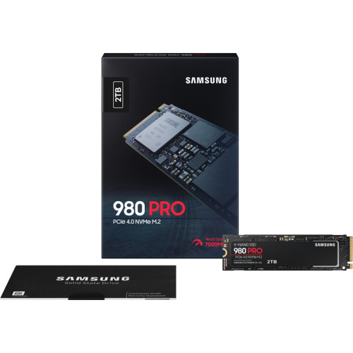 Твердотельные накопители/ Samsung SSD 980 PRO, 2000GB, M.2(22x80mm), NVMe 1.3c, PCIe 4.0 x4, 3-bit MLC, R/W 7000/5000MB/s, IOPs 1 000 000/1 000 000, DRAM buffer 2048MB, TBW 1200, DWPD 0.33 (12 мес.)