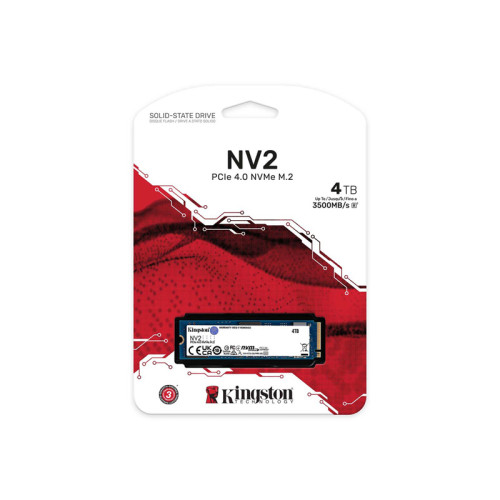 Твердотельный накопитель/ Kingston SSD NV2, 4000GB, M.2(22x80mm), NVMe, PCIe 4.0 x4, 3D TLC, R/W 3500/2800MB/s, TBW 1280, DWPD 0.3 (3 года)
