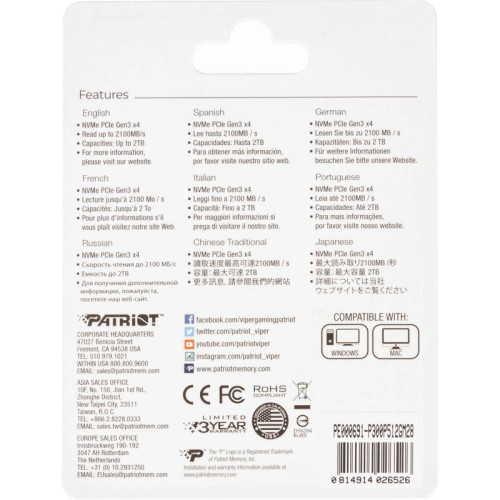 Твердотельный накопитель Patriot PCIe 3.0 x4 512GB P300P512GM28 P300 M.2 2280 [P300P512GM28]