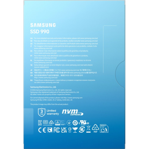 Твердотельные накопители/ Samsung SSD 990, 1000GB, M.2(22x80mm), NVMe 2.0, PCIe 4.0 x4, V-NAND TLC, R/W 7150/6450MB/s, IOPs 700 000/1 100 000, TBW 400, DWPD 0.33 (12 мес.)