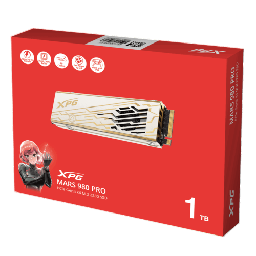 Твердотельный накопитель ADATA SSD XPG MARS 980 PRO, 1000GB, M.2(22x80mm), NVMe, PCIe 5.0 x4, 3D NAND, R/W 14000/10000MB/s, IOPs 1 600 000/1 650 000, TBW 740, DWPD 0.4, with Heat Sink (5 лет)
