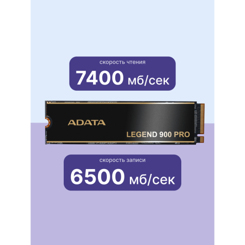 Твердотельный накопитель/ ADATA SSD LEGEND 900 PRO, 4000GB, M.2(22x80mm), NVMe 1.4, PCIe 4.0 x4, 3D NAND, R/W 7400/6500MB/s, IOPs н.д./н.д., TBW 2400, DWPD 0.3 (5 лет)