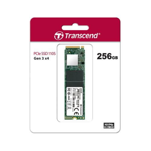 Твердотельный накопитель/ Transcend SSD MTE110S, 256GB, M.2(22x80mm), NVMe, PCIe 3.0 x4, 3D TLC, R/W 1600/1100MB/s, IOPs 90 000/250 000, TBW 100, DWPD 0.2 (5 лет)