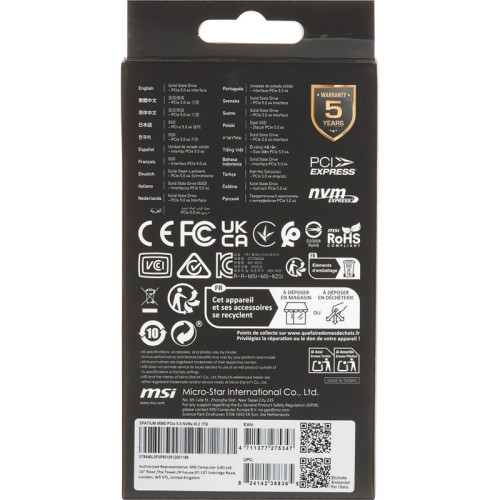 MSI SSD SPATIUM M560, 1000GB, M.2(22x80mm), NVMe, PCIe 5.0 x4, 3D TLC, R/W 10200/8400, IOPs 1 300 000/1 400 000,TBW 600, DWPD 0.32 (5 лет)