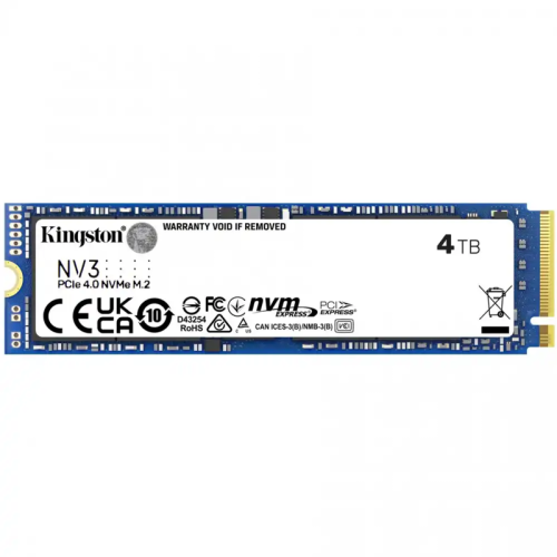 Твердотельный накопитель/ Kingston SSD NV3, 4000GB, M.2(22x80mm), NVMe, PCIe 4.0 x4, R/W 6000/5000MB/s, TBW 1280, DWPD 0.3 (12 мес)