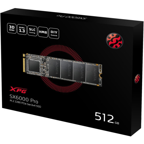 Твердотельный накопитель/ ADATA SSD SX6000Pro, 512GB, M.2(22x80mm), NVMe 1.3, PCIe 3.0 x4, 3D TLC, R/W 2100/1400MB/s, IOPs 250 000/240 000, TBW 300, DWPD 0.32 (5 лет)