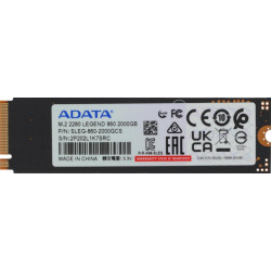 Твердотельный накопитель/ ADATA SSD LEGEND 860, 2000GB, M.2(22x80mm), NVMe 1.4, PCIe Gen 4x4, 3D NAND, R/W 6000/5000MB/s, IOPs н.д./н.д., TBW 640, DWPD 0.2 (5 лет)
