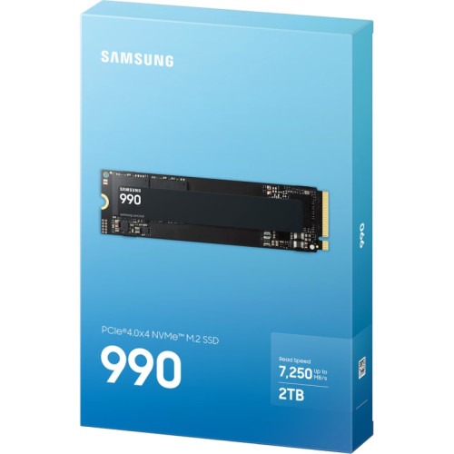 Твердотельные накопители/ Samsung SSD 990, 2000GB, M.2(22x80mm), NVMe 2.0, PCIe 4.0 x4, V-NAND TLC, R/W 7250/6450MB/s, IOPs 850 000/1 200 000, TBW 800, DWPD 0.33 (12 мес.)