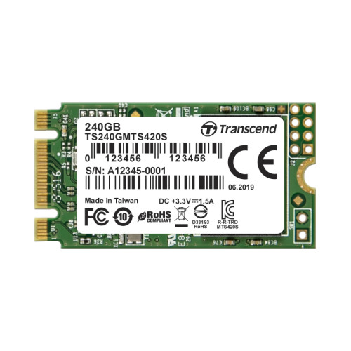 Твердотельный накопитель/ Transcend SSD 420S, 240GB, M.2(22x42mm), SATA3, 3D TLC, R/W 500/430MB/s, IOPs 40 000/75 000, TBW 80, DWPD 0.3 (3 года)