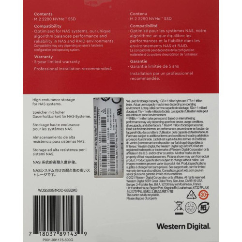 Накопитель SSD WD Original PCIe 3.0 x4 500GB WDS500G1R0C Red SN700 M.2 2280