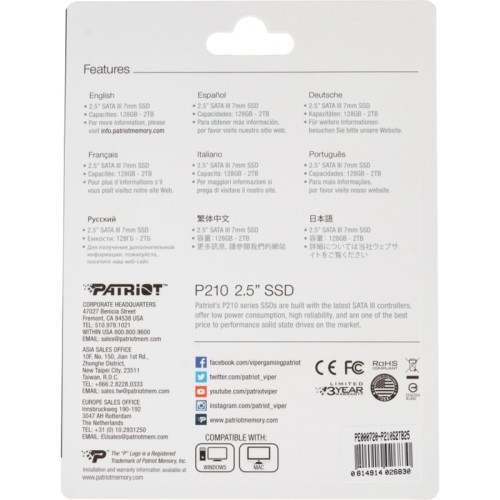 Твердотельный накопитель Patriot SATA-III 2TB P210S2TB25 P210 2.5 Твердотельный накопитель Patriot SATA-III 2TB P210S2TB25 P210 2.5