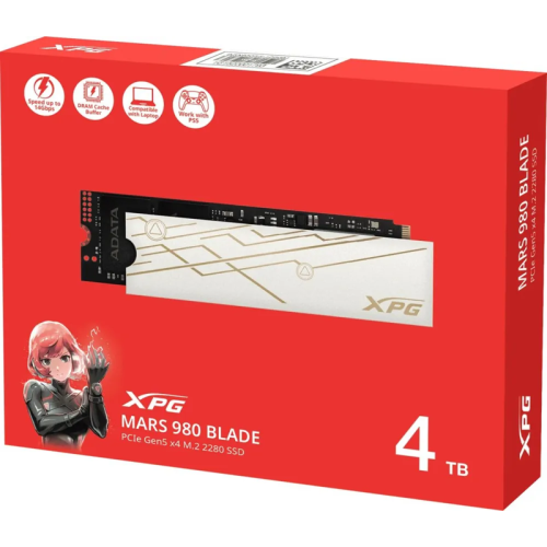 Твердотельный накопитель/ ADATA SSD XPG MARS 980 BLADE, 4000GB, M.2(22x80mm), NVMe, PCIe 5.0 x4, 3D NAND, R/W 14000/13000MB/s, IOPs 1 950 000/1 650 000, TBW 2960, DWPD 0.4 (5 лет)