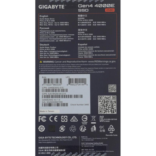 Твердотельный накопитель Gigabyte PCIe 4.0 x4 250GB G440E250G 4000E M.2 2280